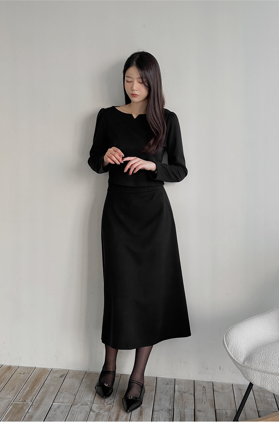 リリエンコ ピーチ起毛ボートネックブラウス＆バックゴムスカートセット