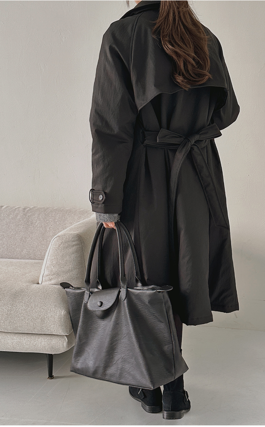 RIRINCO フラップカラネックベルトロングコート (キルティング裏地)