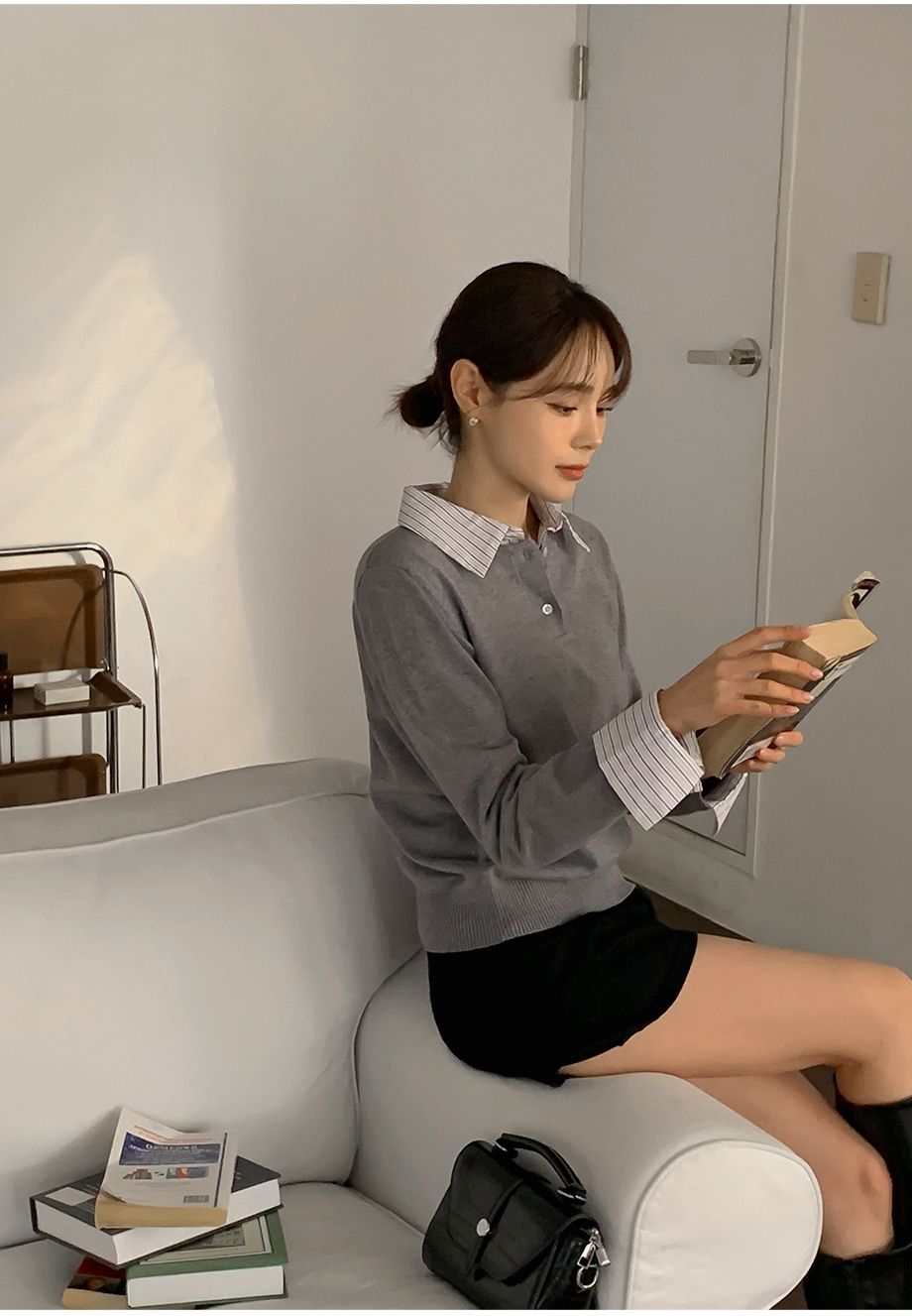 RIRINCOストライプ配色シャツレイヤードニット