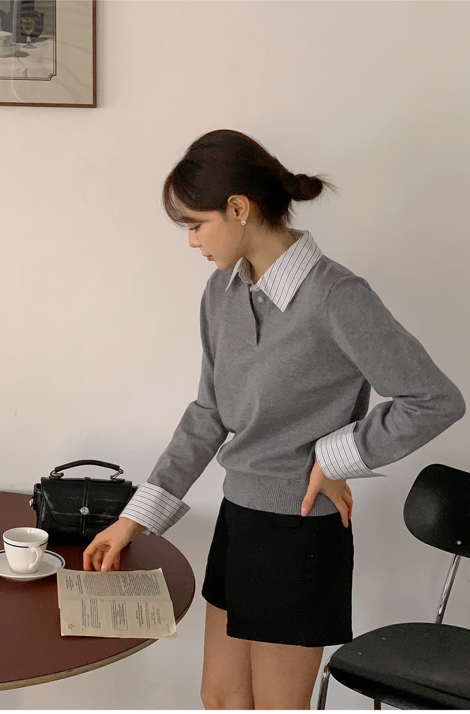 RIRINCOストライプ配色シャツレイヤードニット