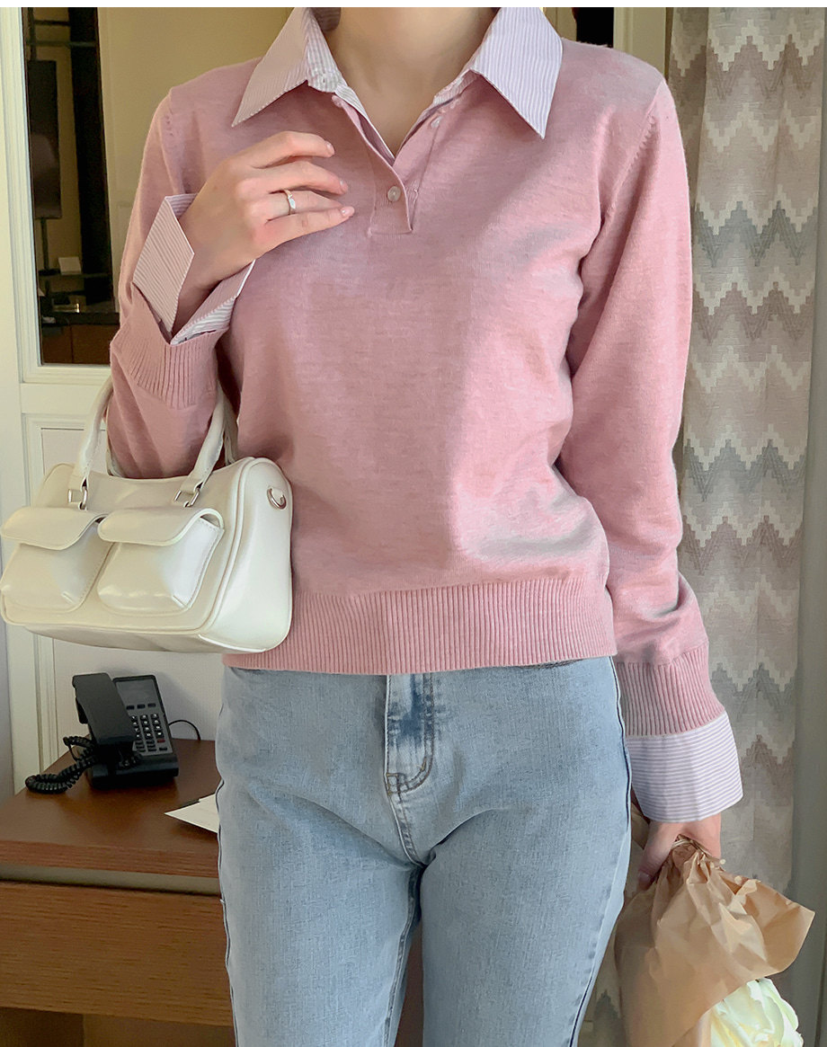 RIRINCOストライプ配色シャツレイヤードニット