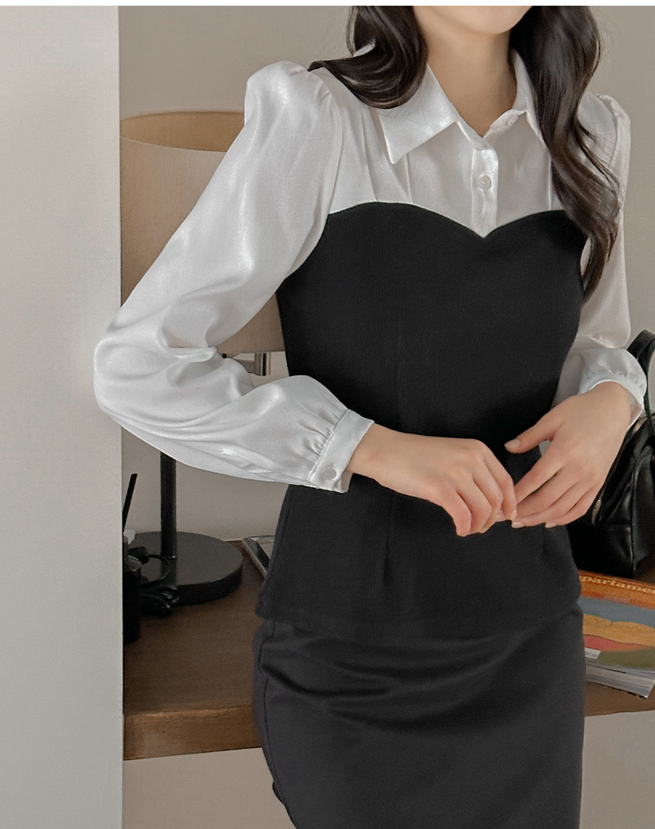 RIRINCO 配色ハートラインピンタックカラーネックブラウス